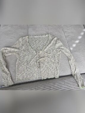 Light Green And Brown Knit Tie-Front Shirt